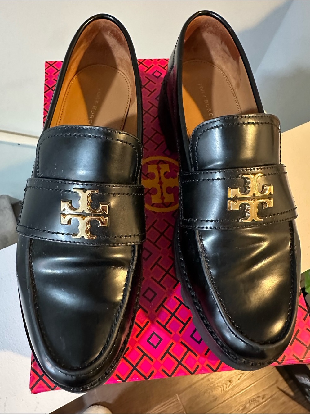 Tory Burch Black Leather Lug sole Loafers with Gold Logo Hardware